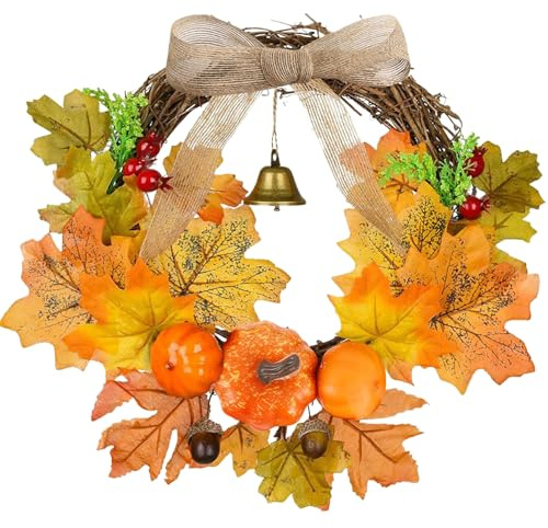 Corona de otoño de 30 cm, corona de otoño para puerta principal, corona de calabazas, hojas de arce otoño, calabaza con hojas de arce, piñas de abeto de frutas rojas, corona de Acción de Gracias para