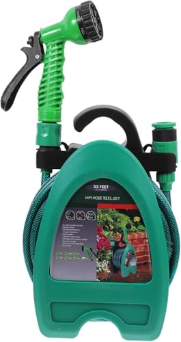 Tubo di irrigazione con supporto da parete, 10 metri, pistola per irrigazione multi-getto, verde (ovale)