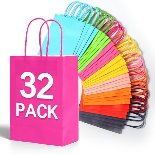32PCS Party Bags for Kids Party,Paper Bags with Handles for Birthday, Wedding, Baby Shower, Christmas, Reusable Kraft Bags Packaging Supplies 8.7x6.3x3.15 Inches, 8 Rainbow Colors