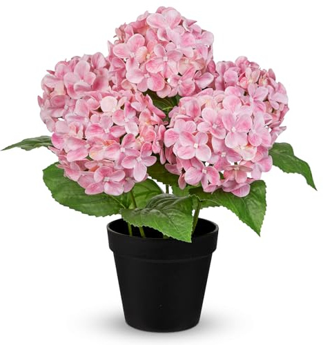 Briful Fiori artificiali di ortensia in vaso, 35 cm, realistici al tatto, con teste di fiori da 11,9 cm, fiori artificiali rosa per interni, per davanzale, mensola del bagno, decorazione della cucina
