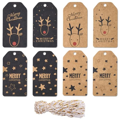 Christmas Kraft Gift Tags with Strings - 80pcs Xmas Gift Labels Vintage Festive Pattern for Gift Wrapping Party Decoration