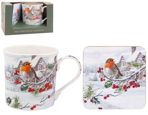The Leonardo Collection Christmas Robins Mug & Coaster for Hot Drinks | Reusable Fine China Coffee Cups for Kitchen & Home | Printed Tea Mugs for Every Occasion | Durable Cup for All Type of Beverages
