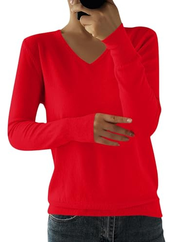 Prenda Base Suéter Mujer Holgado Cuello V Manga Larga Unicolor Prenda Interior de Punto Jersey Pullover Versátil y Cómodo