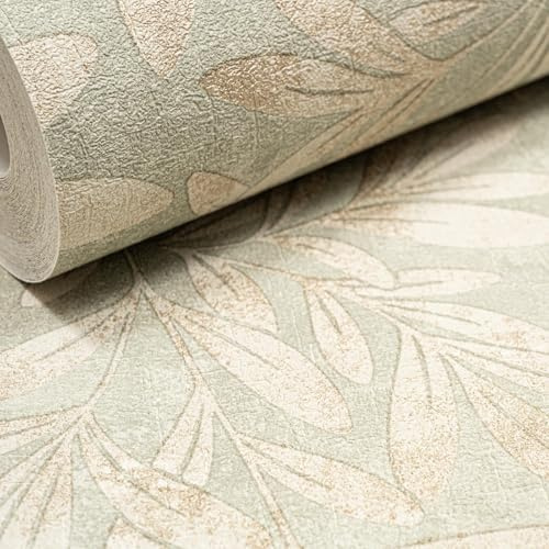 SOPHIE LAURENCE Neutral Green Sage Vinyl Wallpaper – Floral Willow Trail Design | Paste The Wall | Washable | Textured | Non-Woven | 10M x 0.53M Roll Living Room Feature Wall Oriental