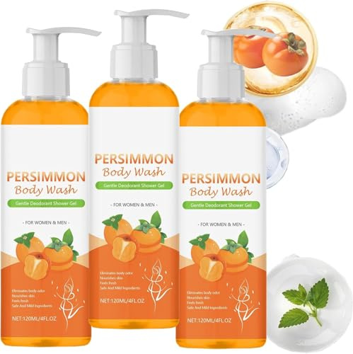 3 Pezzi Docciaschiuma Al Cachi Per L'odore Di Anziani - Gel Doccia Naturale Al Cachi Con Olio Di Cocco Per Rimuovere Gli Odori Forti, Sapone Al-Cachi Per Nonenal, Detergente E Idratante In Profondità