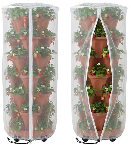 2 Pcs Vertical Plant Pot Insect Netting with Zipper, 59x22 Stackable Planter Garden Net Cover, 6 to 7 Tier Planter Pot Insect Bird Barrier Protection Mesh for Strawberry Herb Flower Fruit Vegetable