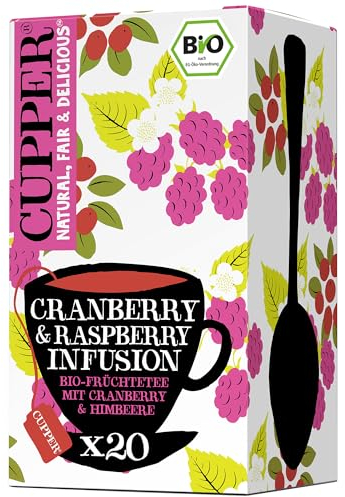 Cupper - 20 Bolsitas de Infusiones Ecológicas con Arándanos y Frambuesa - Apto para Veganos - Propiedades Refrescantes y Digestivas - Contiene Rosa Mosqueta y Raíz de Regaliz