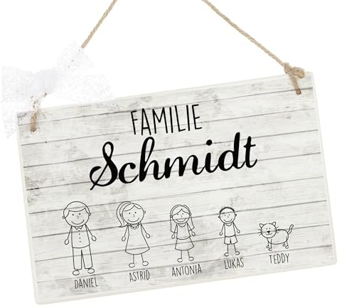 Manufaktur Liebevoll Türschild personalisiert Namensschild Haustür Türschild mit Figuren Namenschild personalisiert Familienschild mit Namen Geschenk zur Geburt, Hochzeitsgeschenk