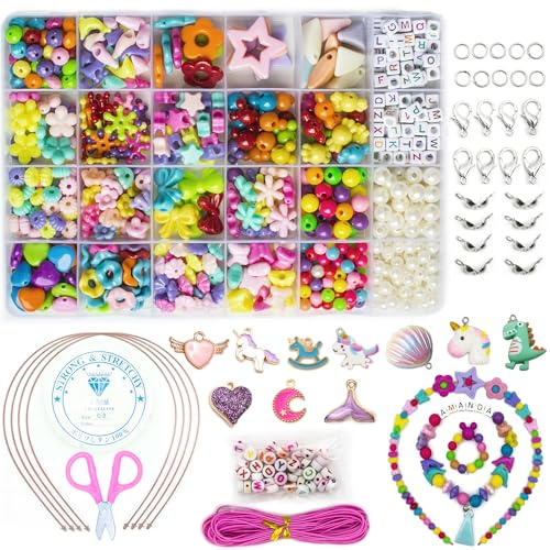 WONDERFORU Perlas para enhebrar niños, juego de manualidades, joyas, juego de cuerdas, pulseras de la amistad, para niños, juego de manualidades para niñas y niños