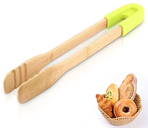 BBQ Serving Tong,Wooden Bread Clamp 11.8in BBQ Cooking Tongs Food Tong Silicone Handle Long Cooking Tongs Buffet Bread Steak Clip Non Stick Clip Kitchen Clamp for Foods,Green