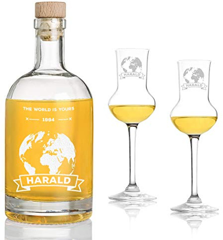 polar-effekt Set regalo per liquore con 2 bicchieri da liquore incisi – personalizzato con motivo a scelta – volume 700 ml – regalo per Pasqua o Natale – motivo sfera del mondo