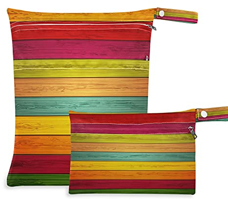 2pcs windeltasche Wet bags Wasserdicht Bunt Regenbogen Holz Nasstaschen wiederverwendbar Wasserdicht Waschbar Organizer Beutel für Kleinkind Windeln Reisen Gym Strand Pool