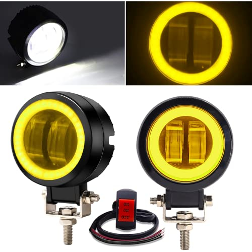 Fari Supplementari a LED per Moto, 3 Rotondi Universale Led Fendinebbia Fari Anteriori con Giallo DRL Angel Eyes, Impermeabili per DC12V-24V Moto Camion 4x4 SUV UTV ATV Trattore.
