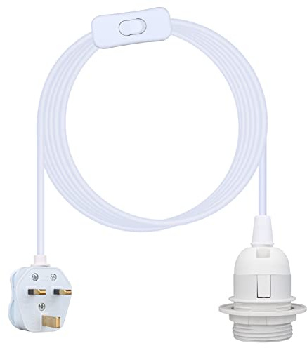 Teynewer Ceiling Pendant Light Fitting, E27 Screw Lamp Holder with Switch Suspended & Lock Ring for Shade, 2 Core Extension Cable UK Plug Pendant Light Fitting Kit (3m, White)