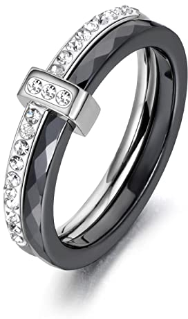 PAIHUIART Ring Ringe Damen Bijouterie Frauen Schmuck Schwarz/Weiß Keramik Kristall Trauringe Schmuck Für Damen Mädchen Rose Böhmen Ring 8 Steelblack