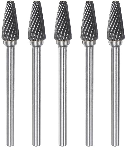sourcing map 5pcs Carbide Rotary Burrs 1/8 (3mm) Shank 1/4 (6mm) Head Single Cut Cone L Shape Die Grinder Bits Rasp Files for Hard Metal Wood Stone Polishing Engraving