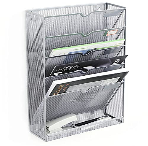 Tissting Wand Zeitungshalter 5 Etagen Metall Netz Prospekthalter mit Klebehaken, Desktop Vertikaler Zeitschriften Document Organizer A4 Papierhalter für Zeitungsordner Mails(Silber)