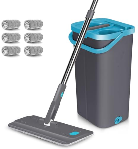MASTERTOP Serpillière Seau Essoreur, Balai Microfibre Rotatif 360° et Seau à 2 Compartiments, Vadrouille de Mains Libre pour Nettoyage de Sol, avec 6 Serpillères Réutilisables (Gris foncé)