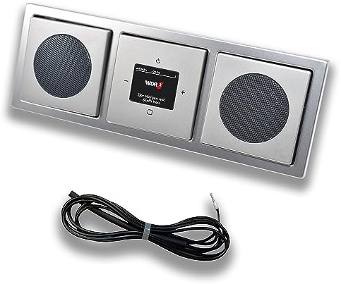 Busch Jäger DAB+ (DAB PLUS) Unterputz Radio 8215U-101 PUR Edelstahl, Set mit 2 x Lautsprecher, Abdeckungen und Rahmen + 0,9 m EBROM Wurfantenne zur Empfangsoptimierung - 8215 U – 101