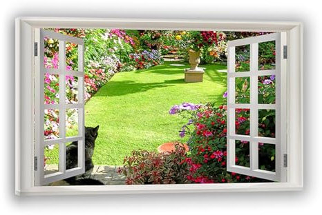 RYLJCZ leinwandbilder natur landschaft/3D-Effekt, offenes Fenster, Wandkunstbild, Garten-Frühlingsposter/Moderner dekorativer Leinwanddruck. fertig zum Aufhängen, 50 x 75 cm (19,7 x 29,6), gerahmt