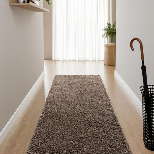 Interiyou Hochflor Teppich Sofia - 70x200 cm Taupe - flauschig und einfarbig - waschbar und rutschfest - weicher Langflor