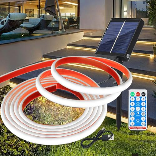 Wisada 12V Solar Dimmbare COB Neon Streifen Selbstklebend, 8 Modi Lichtband Außen IP68 Lichterkette, 3M 320LEDs/m Superheller Kaltweiß COB LED Strip Cuttable LED Band für Terrasse, Innenhof