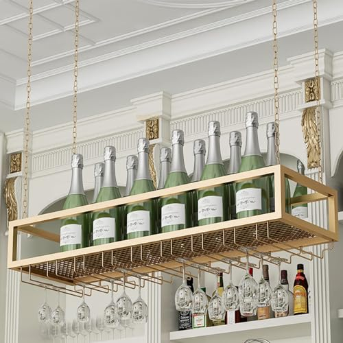 WBRSybUK Portabicchieri da Vino, Portabicchieri da Vino Dorato sotto Il Ripiano, Appendiabiti per Portabicchieri con Catena in Metallo E Ferro Sospeso per Mobile Bar da Cucina,80x25x21cm