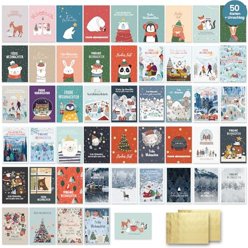 Weihnachtskarten Set 50 - Premium Weihnachtskarten mit Umschlag Set – Kleine Weihnachtskarten Klappkarten A6 – Karten Weihnachten Grußkarten mit hellen und lustigen Designs für Kinder Familie Freunde
