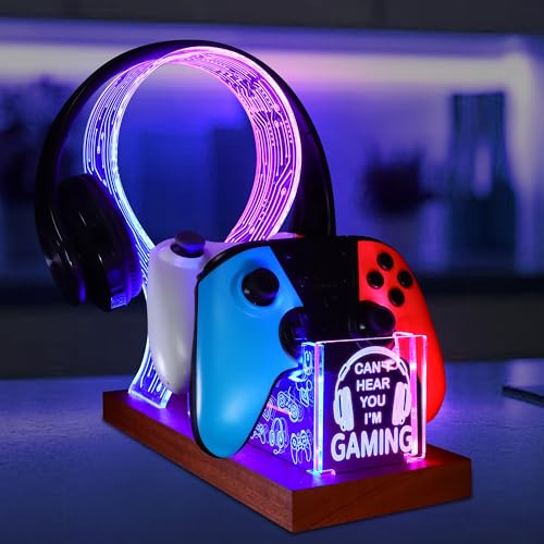 YuanDian Gamer Gifts for Teenage Boy, Can't Hear You I'm Gaming Headset and Controller Stand, Acrylic Wooden Controller Holder with Blue Pink LED Night Light, Desk Decor Gift