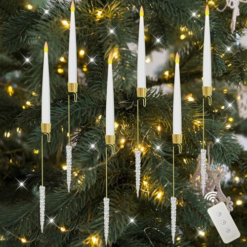 Hekasvm Led Kerzen Weihnachtsbaum mit Fernbedienung und Timer, Weihnachtsbaum Lichterkette mit Kristalldekoration und Haken, Batteriebetriebene Weihnachtsbaumkerzen Kabellos (6 Stück, Eiszapfen)