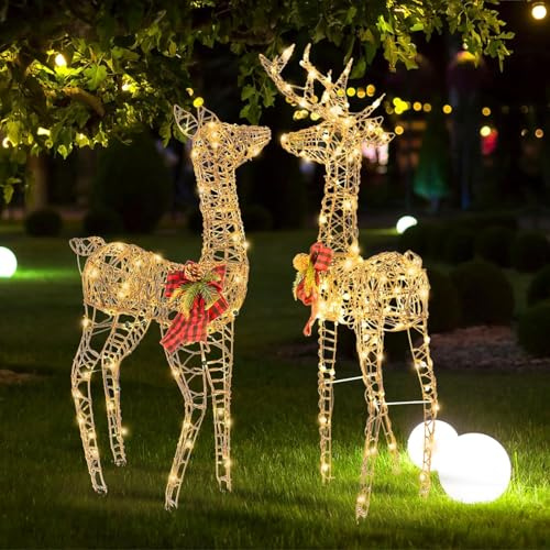 GOPLUS 2 Renos de Navidad Exterior, Juego de 2 Ciervos Iluminados, Decoración Navidad Blanco Cálido con 200 Luces LED,Función de Temporizador, Luz Intermitente, Reno Grande de 110 cm para Jardín Patio