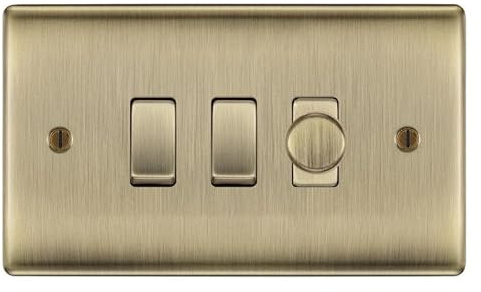 BG Antique Brass 3 Gang Switch 1x Trailing Edge LED Dimmer 2x 2 Way Custom Grid Switch