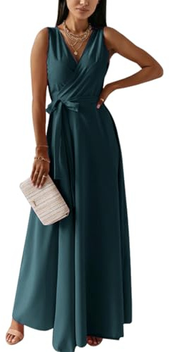 Bcenoilua Cocktailklänning Maxi Lång Dam Cocktailklänning med Hög Midja Sommar Ärmlös Aftonklänning V-Hals Elegant Festklänning, Grön, M