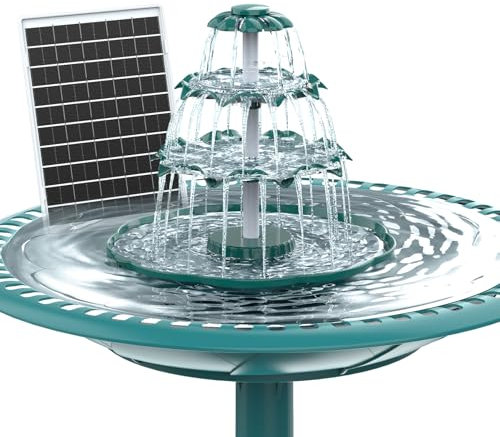 AISITIN Fontaine solaire 6,5 W avec batterie et LED, Mangeoire à oiseaux à 3 niveaux pour extérieur, fontaine de jardin extérieure amovible et bain d'oiseaux pour jardin, étangs (vert)