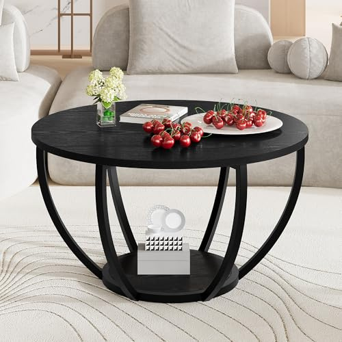 HOMERECOMMEND Runt soffbord, runt soffbord, 2-nivåer cirkel soffbord med förvaringshylla, vardagsrumsbord, soffbord för hemmakontor, svart