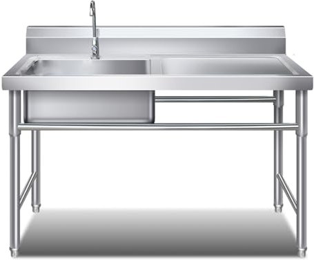 201 Edelstahl Waschbecken mit Arbeitsplatte und Wasserhahn, Spültisch mit Sieb und Abfluss, Handwaschbecken, für die Waschküche in der Garage
