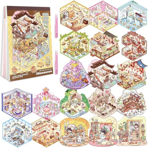 20 Sets 3D House Stickers, Miniatur Haus Sticker 3D mit Rosa Pinzette, DIY Cozy Little Home House Scene Sticker Book, Fun DIY Stickers Scene, Relief Stress für Erwachsene und Kinder