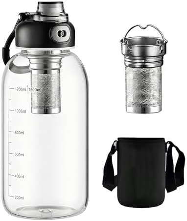 BUERPINKING Bouteille de thé en verre transparent avec passoire, design du couvercle de fermeture, gourde en verre 1 5 l avec filtre pour le fitness, la maison, le bureau, les amateurs de thé