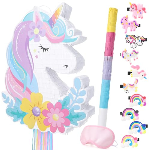 GSrenyu Unicorn Pinata Set with 10 Unicorn Hair Clips, Funny Pinata Party Game with Stick and Blindfold Unicorn Party Bags Fillers Favours for Birthday Graduation
