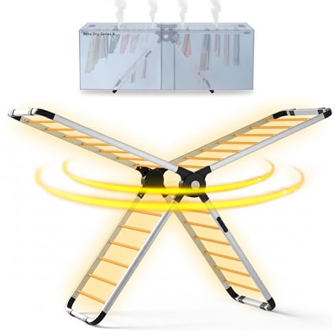Meown Heated Clothes Airer with Cover 320W 26 Rails 9H Timer Drying Rack | Foldable aluminium laundry stand with 30-70°C adjustable heat 15m hanging space and up to 65kg capacity for family washing