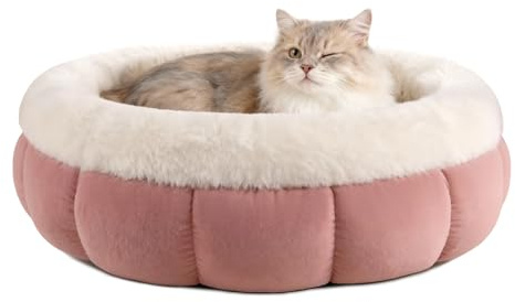 EDMIENS Katzenbett Klein, Katzenbett Flauschig Waschbar, Katzen Bett Indoor, Katzenkissen Rosa, Rund Katzenkörbchen mit Rutschfester Basis, Katzenschlafplatz für Katzen, Kleine Hunde, 45x45x16.5cm