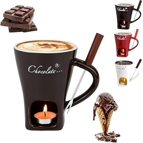 Meltie Cup, Meltiecup Chocolate Fondue Melting Mug Set, Mini Ceramic Sweet Pots with Fork & Tealight Candle for Cheese Candy Personal Handmade, Date Night Birthday Wedding Gifts (Black)