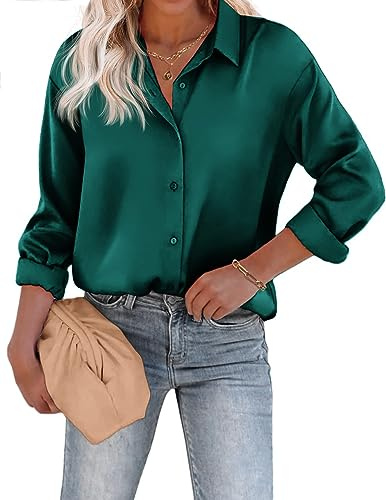 Beyove Damblus, satin, silke, V-ringade skjortor, eleganta, långärmade affärstoppar med knappar, toppar, lös långärmad skjorta, Grön, S
