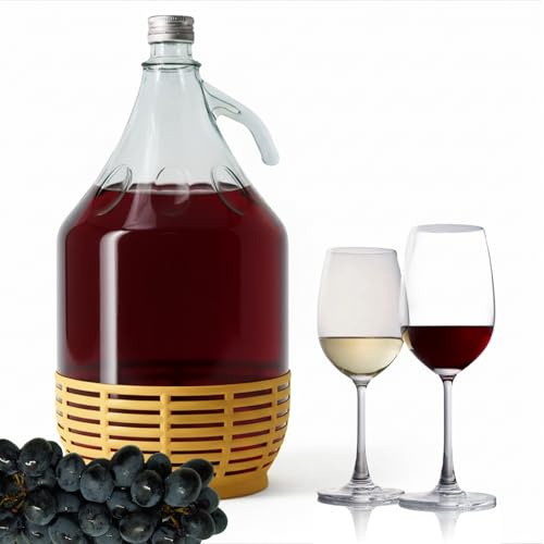 STREND PRO Gärballon 5 Liter | Glasballon mit Korb & Griff | Weinballon mit Korkstopfen | Robuster Gärbehälter für Wein & Likör | 5l Flasche zum Wein Selber Machen | Glasbehälter