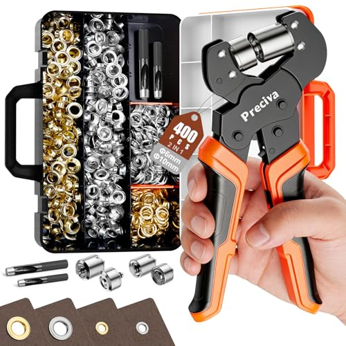 Kit de Perforation D'œillets, Preciva 6mm et 10mm Pinces à Oeillets Magnétique Kit, 400PCS Oeillets Complets Galvanisés à 2 Couleurs（Or/Argent), Mallette de Rangement Portable pour PVC, Bâche,Tissu