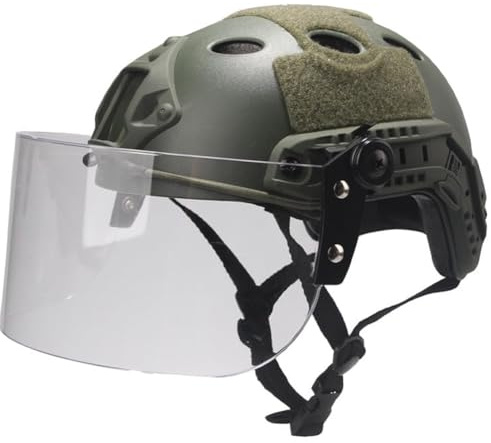 LZAQHMT Casco Tattico MICH Con Visiera Trasparente Antisommossa, Occhiali Antiappannamento Scorrevoli, Guida Laterale Supporto Per NVG Per Airsoft, Paintball, Cosplay(OD)