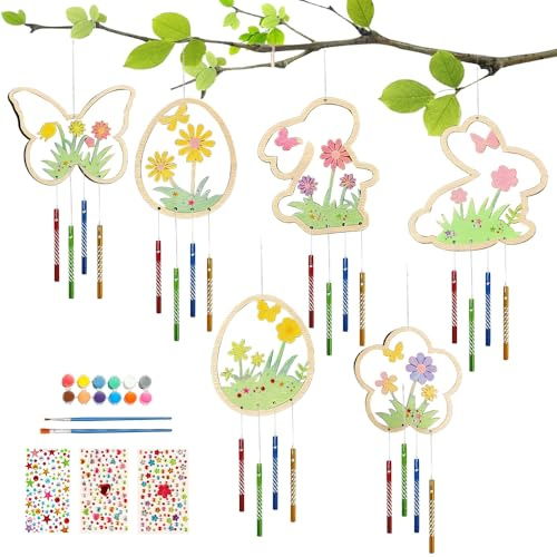 Yi'antai Osterdeko Frühling Windspiel Bastelset, Holz bastelset Ostern, Ostern Basteln Holz, Ostereier Blumen Schmetterlinge, Klangspiel Bastelhandwerk zum Bemalen Dekorieren (Set A)