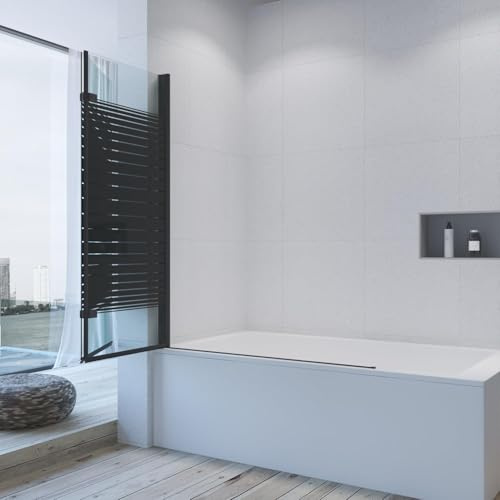 AQUALAVOS Duschwand für Badewanne Ecke, faltbar 2-teilig 120x140 cm, Schwarz | 5 mm ESG Klarglas mit Nano-Beschichtung | Wahlweise Klebe- oder Bohrinstallation | Hebe-Senk-Mechanismus