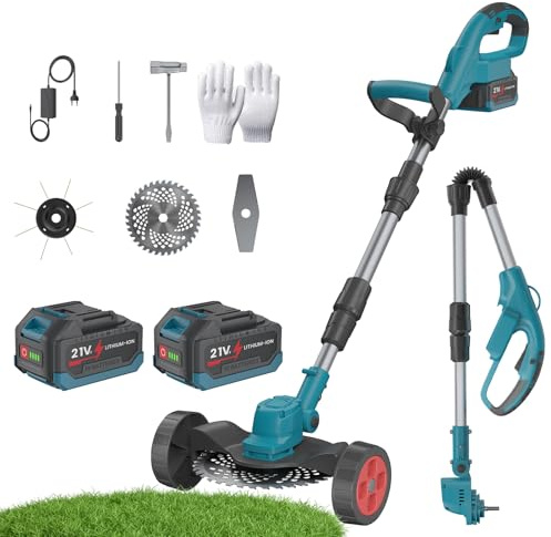Desbrozadora Eléctrica Inalámbrica, Desbrozadora Batería 4000 W, Corte Borde Inalámbrico con 2 x 21 V Batería, 36000 TR/Min, Mango Telescópico de 100 a 135 cm, 3 tipos de hojas, para jardín, céspedes