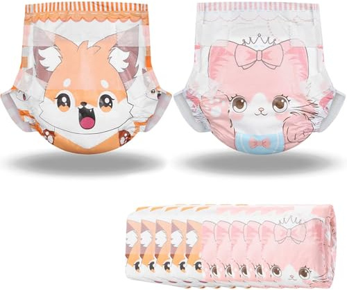 Landofgenie Adult Printed Diapers 10 Pieces, Adjustable Hook-and-Loop Closure, Soft Comfort & Leak Protection - Fox & Cat (28-38 inch)